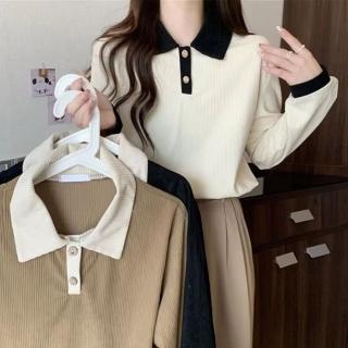 【ONEY 歐妮】★燈芯絨感翻領法式小眾拼色上衣(女上衣/長袖/針織)