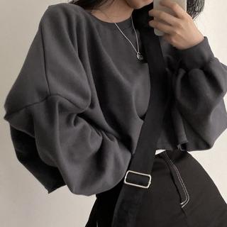 【ONEY 歐妮】★寬鬆短款露臍圓領上衣(女上衣/長袖/衛衣)