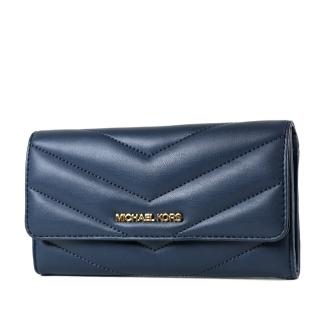 【Michael Kors】JET SET 絎縫山形紋翻蓋釦式三折長夾-金釦藍