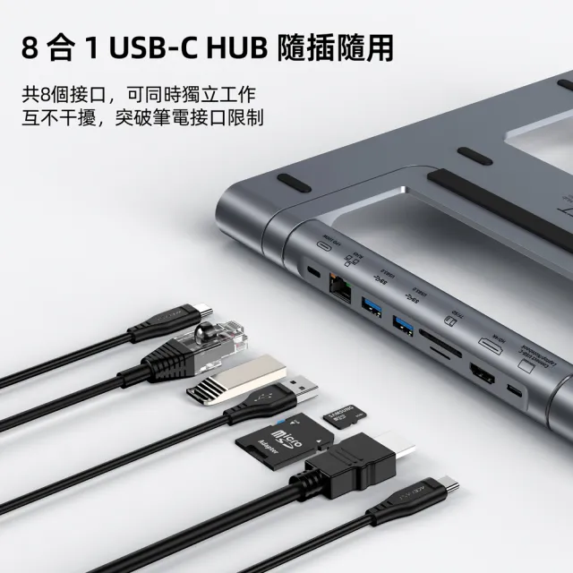 【ACEFAST】E5 八合一 USB-C+HDMI+LAN Hub集線器 筆電支架(HUB可拆卸單獨使用 E5 PLUS)