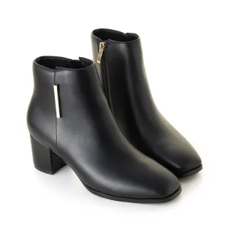 【amai】簡約線條金屬釦方頭粗跟短靴 襪靴 短靴 短筒靴 中跟 百搭 氣質 韓版 英倫風 大尺碼 GB825BK(黑色)