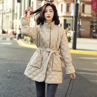 【艾美時尚】現貨 冬新品 中大尺碼女裝 外套 韓系菱格紋立領保暖鋪棉外套。S-2XL(2色)