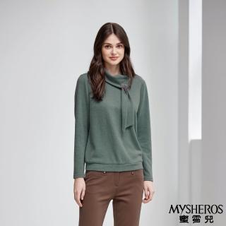 【MYSHEROS 蜜雪兒】素色造型上衣 附飾品領巾造型 素色修身下擺彈性伸縮(淺綠)