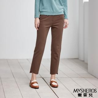 【MYSHEROS 蜜雪兒】素色造型長褲 前釦拉鍊後鬆緊 口袋排釦設計 褲管前短後長修飾設計(咖啡)