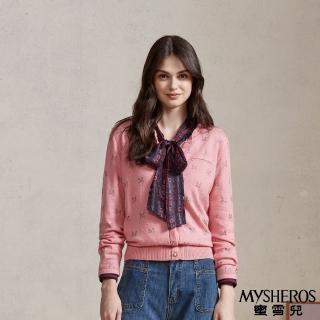 【MYSHEROS 蜜雪兒】針織外套 圓領含兔絨面料 字母亮鑽設計 珍珠排釦裝飾(粉)