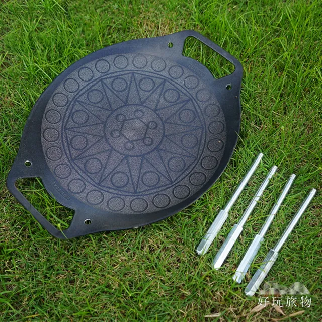 【好玩旅物】30cm_輕量薄型不銹鋼腳架圓形雙耳煎盤燒烤盤(瓦斯電磁爐通用 無煙鐵板煎炒燒烤肉)