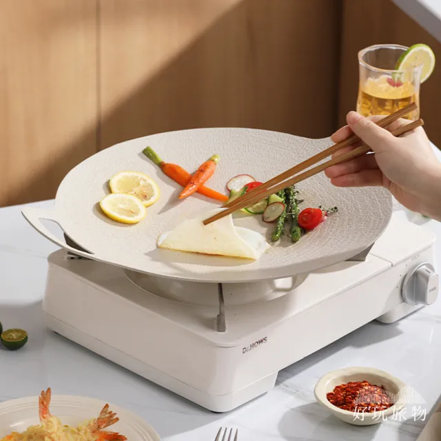 【好玩旅物】34cm_輕量薄型韓式麥飯石圓形雙耳不沾鍋露營燒烤盤(附收納袋｜瓦斯電磁爐通用 無煙煎炒燒烤肉)