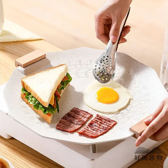 【好玩旅物】35cm_ 六角形麥飯石不沾鍋露營烤盤(附收納袋｜瓦斯電磁爐通用 無煙煎炒燒烤肉)