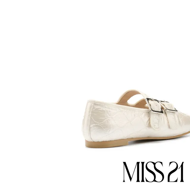 【MISS 21】澎澎壓紋布瑪莉珍雙條帶方頭平底鞋(米白)