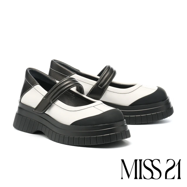 MISS 21 微酸個性潮感撞色方釦鉚釘圓頭厚底鞋(白)好評