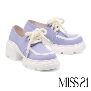 【MISS 21】精緻系甜美帆布撞色拼接蝴蝶結兩穿綁帶高跟厚底鞋(紫)