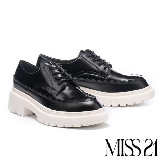 【MISS 21】精緻荷葉邊學院風牛皮撞色拼接綁帶厚底鞋(黑)