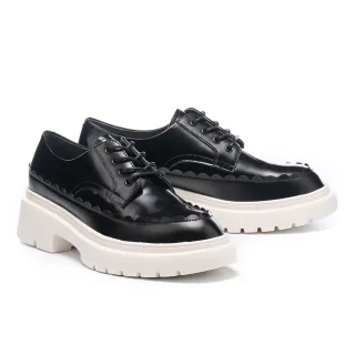 【MISS 21】精緻荷葉邊學院風牛皮撞色拼接綁帶厚底鞋(黑)