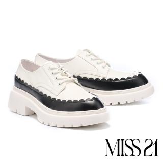 【MISS 21】精緻荷葉邊學院風牛皮撞色拼接綁帶厚底鞋(米白)
