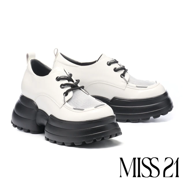 MISS 21 叛逆潮感異材質拼接雙綁帶大頭厚底鞋(米白)