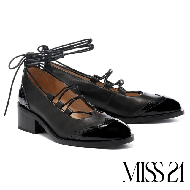 MISS 21 叛逆潮感異材質拼接雙綁帶大頭厚底鞋(黑)評價