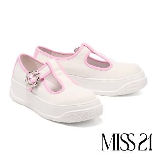 【MISS 21】精緻小花撞色T字帶瑪莉珍大頭厚底休閒鞋(粉)