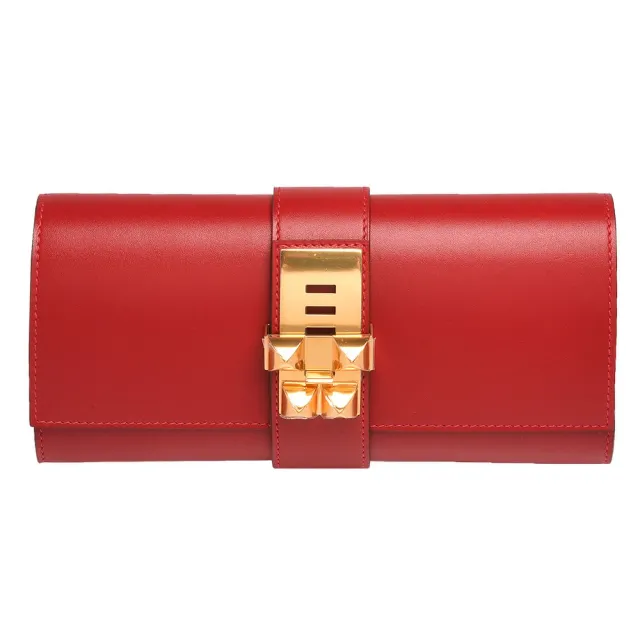 【Hermes 愛馬仕】Medor Sanguine CDC皮革金色鉚釘穿式手拿包(火焰紅H056204CC-53-ROUGE)
