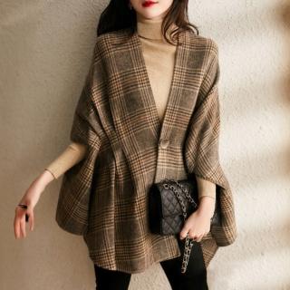【ONEY 歐妮】★寬鬆大V領格紋斗篷(披肩女裝/長袖)