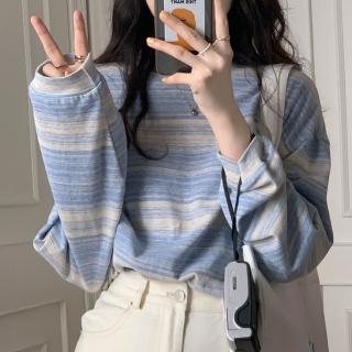 【Amirr 艾米爾】★漸變條紋寬鬆圓領上衣(女上衣/長袖/T恤)
