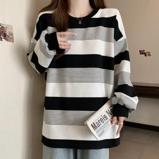 【Amirr 艾米爾】★美式復古條紋圓領寬鬆上衣(女上衣/長袖/T恤)