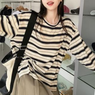 【Amirr 艾米爾】★復古街頭百搭圓領條紋上衣(女上衣/長袖/T恤)