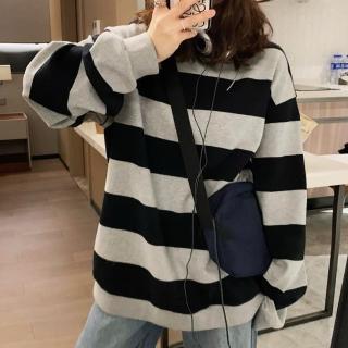 【Amirr 艾米爾】★港味復古條紋寬鬆上衣(女上衣/長袖/T恤)