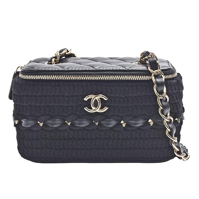 【CHANEL 香奈兒】經典雙C LOGO小羊皮編織毛線拉鍊斜背化妝包(黑色AP2471L-BLK-GP)