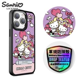 【apbs】三麗鷗 iPhone 15 14系列 軍規防摔鋁合金鏡頭框立架手機殼(樂園凱蒂-黑框)