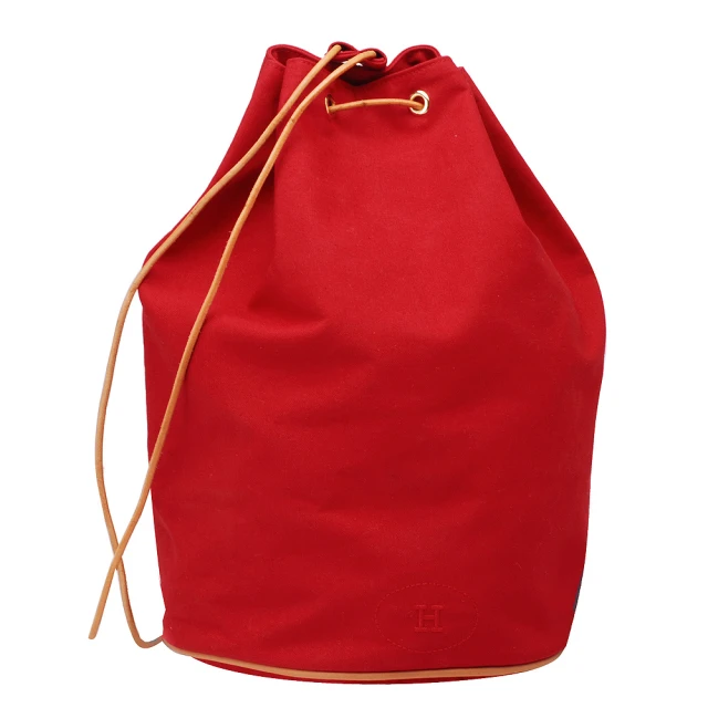 【Hermes 愛馬仕】棉質帆布牛皮飾邊抽繩側背水桶包(紅色_展示品H100856-ROUSE)