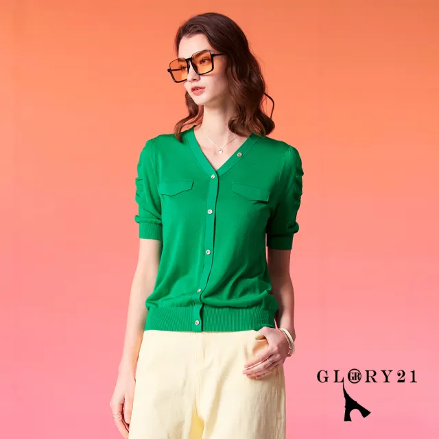 【GLORY21】速達-網路獨賣款-優雅V領假開襟短袖針織上衣(綠色)