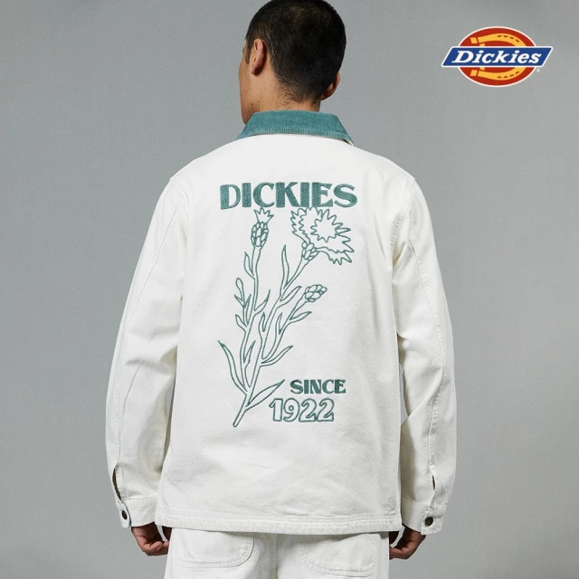Dickies 男款白色丹寧純棉背面大圖案刺繡設計夾克｜DK012970WHX