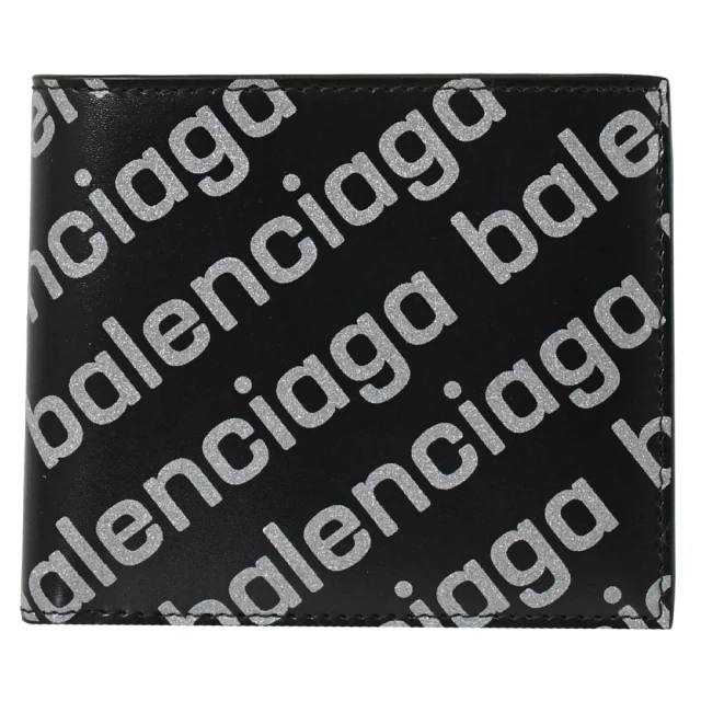 【Balenciaga 巴黎世家】經典品牌印花小牛皮對折雙層8卡短夾(黑)