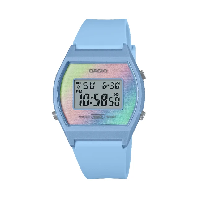 CASIO 卡西歐 復古風酒桶型數位錶-彩虹x水藍(LW-2