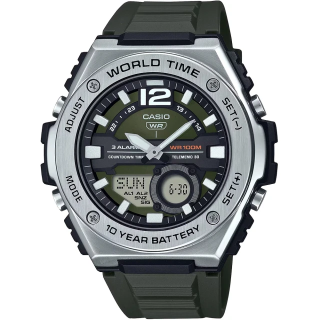 CASIO 卡西歐 超個性十年電力不鏽鋼錶圈造型雙顯錶-墨綠(MWQ-100-3A)