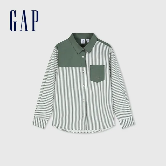 【GAP】男童裝 Logo純棉翻領長袖襯衫-綠色條紋(890214)