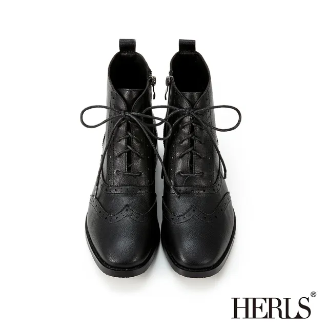 【HERLS】短靴-翼紋沖孔皮革綁帶牛津靴短靴(黑色)