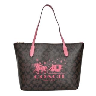 【COACH】PVC Logo雪花馬車肩背托特包(深咖梅邊)