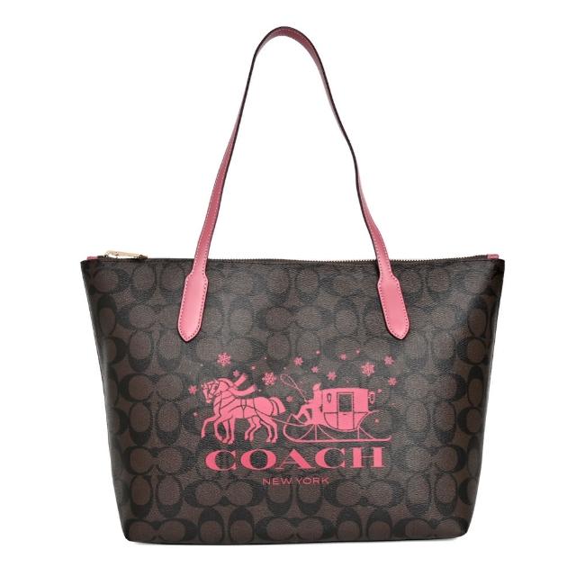 【COACH】PVC Logo雪花馬車肩背托特包(深咖梅邊)