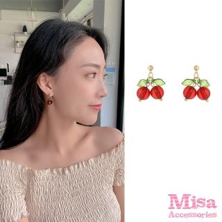 【MISA】韓國設計可愛小櫻桃串珠造型夾式耳環(無耳洞耳環 耳夾 夾式耳環)