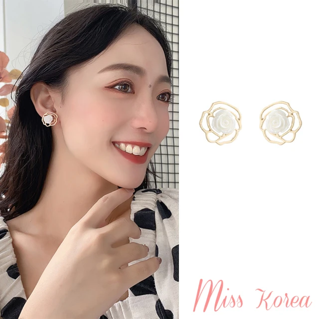 MISS KOREA 韓國設計優雅立體花朵縷空玫瑰造型夾式耳環(無耳洞耳環 耳夾 夾式耳環)