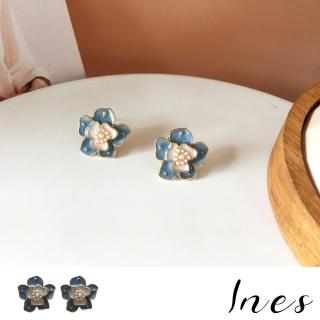 【INES】韓國設計法式復古滴釉珍珠花朵夾式耳環(無耳洞耳環 耳夾 夾式耳環)