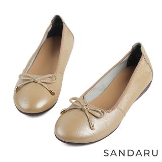 【SANDARU 山打努】娃娃鞋 牛皮圓頭蝶結平底鞋(米灰)