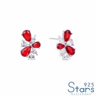 【925 STARS】純銀925璀璨水晶鋯石紅白花卉意象造型耳環(純銀925耳環 水晶耳環 花卉耳環)