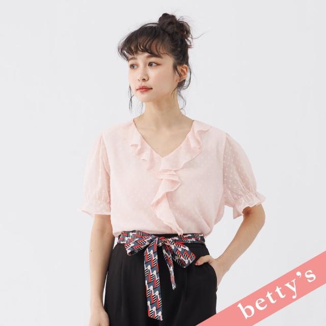 【betty’s 貝蒂思】透膚燒花點點V領荷葉邊上衣(粉色)