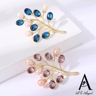【ANGEL】告白珍珠水晶樹葉胸針別針兩用款(2色可選)