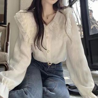 【Amirr 艾米爾】★別緻設計感蕾絲娃娃領襯衫上衣(女上衣/長袖/針織)