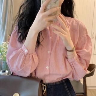 【Amirr 艾米爾】★法式溫柔氣質粉條紋襯衫(女上衣/長袖/襯衫)