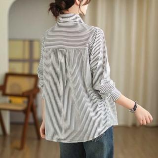 【LANNI 藍尼】★文藝小清新豎條紋拼接刺繡音符上衣(襯衫/POLO衫/女裝/長袖)