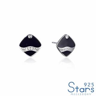 【925 STARS】純銀925微鑲美鑽波浪線條黑色滴釉方塊造型耳環(純銀925耳環 美鑽耳環 方塊耳環)